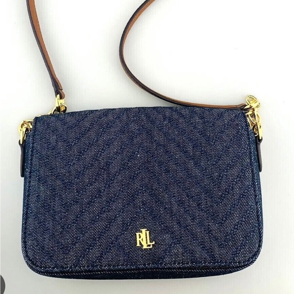 Lauren Ralph Lauren Purse Crossbody Denim Chevron Quilted Chain Leather Strap